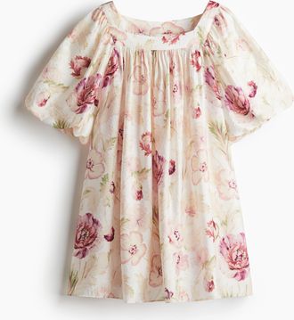 H&M Tunikakleid mit Ballon&auml;rmeln - Cremefarben/Rosa Gebl&uuml;mt