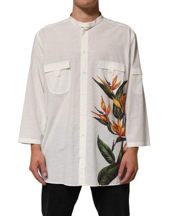 Dolce & Gabbana White Cotton Floral Print Button Down Mens Shirt