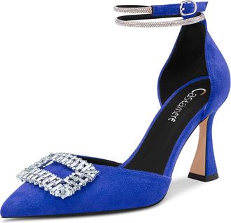 Castamere Women High Chunky Block Heel Diamond Crystal Ankle Strap Pointed Toe Pumps Court Shoe Cute 8.5 CM Heels Royal Blue Suede 4 UK