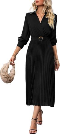 Generic Womens Elegant Dresses Casual Long Sleeve Lapel Dress Ruched Solid Color Midi A Line Swing Flowy Fall Trendy Dress Black
