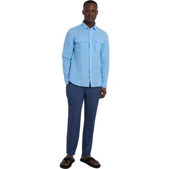 Onia Button Front Elastic Linen Pant in Vintage Indigo at Nordstrom, Size X-Large L