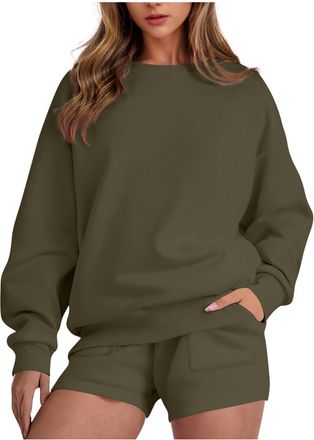 Generic Womens Tracksuit UK Casual Long Sleeve Crewneck Sweatshirt and Shorts Sets 2025 Fall Fashion Solid Color Two Piece Outsuits Dressy Comfy Loose Fit Swe