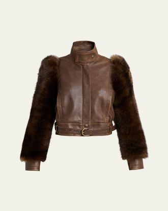 Chlo&eacute; Faux Fur Sleeves Leather Bomber Jacket