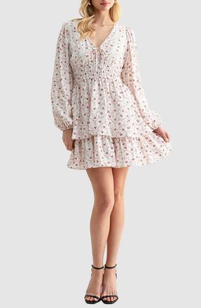 Lush Tiered Long Sleeve Minidress in Cream Red at Nordstrom Rack, Size X-Small