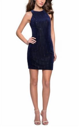 La Femme Short Velvet Dress In Navy
