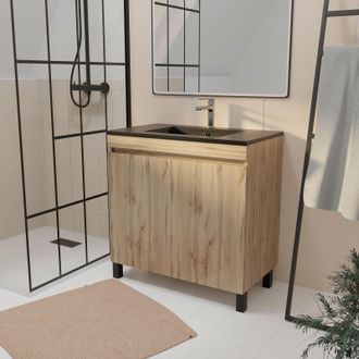 Aurlane Aurlane - Mueble De Ba&ntilde;o 80 Cm 2 Puertas Roble Natural + Lavabo De Cer&aacute;mica Negra - Timber