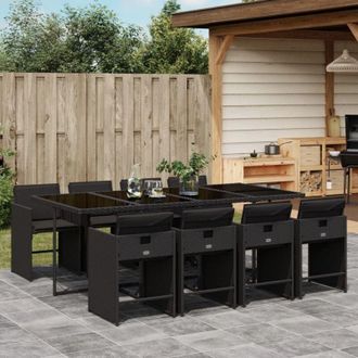 vidaXL Set De Comedor De Jard&iacute;n 9 Pzas Y Cojines Rat&aacute;n Sint&eacute;tico Negro Vidaxl