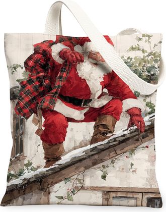 Generic Santa Claus Canvas Tote Bags, Vintage Holiday Design Reusable Bags, Festive Lightweight Washable Shoulder Strap Canvas for Gifts Travel Picnic 13x15 I