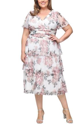S.L. Fashions Floral Print Tiered Bodre Midi Dress in Ivory Mult at Nordstrom, Size 20W