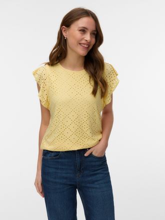 Vero Moda Rundhalsshirt VERO MODA VMTASSA SL FRILL TOP NOOS, Damen, Gr. M, pale banana, Jersey, Obermaterial: 95% Polyester, 5% Elasthan, unifarben, loose fit n