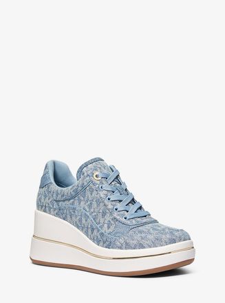 Michael Kors Emmy Signature Logo Print Denim Wedge Trainer