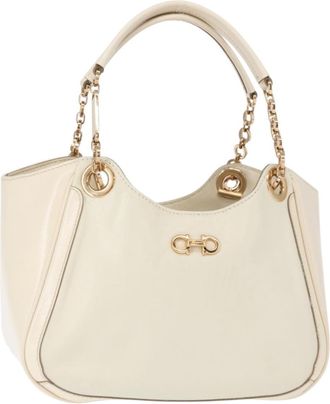 Ferragamo Betulla Chain Tote Leather White Leather Handbag (Pre-Owned)