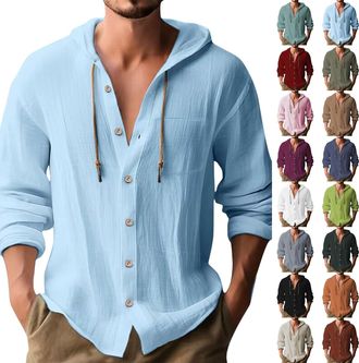 Generic Mens Hoodies Cotton Linen Shirts with Hood Hoodies for Men UK Plain Hooded Pullover Casual Drawstring Hoody Top Long Sleeve Shirt with Chest Pocket Be