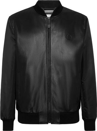 Philipp Plein Leren Bomberjack met Nylon Mouwen - Heren - Leren en Su&egrave;de Jassen - Zwart - L - Nylon - Jassen