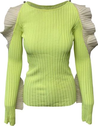 DAVID KOMA Cut Out Ruffled Longsleeves Knit Top in Green Rayon