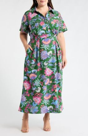 Sugarlips Elara Floral Marisy Collared Shirtdress in Emerald-Multi at Nordstrom, Size 1X