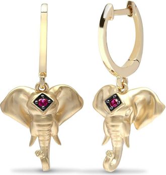 Jewelco London 9ct Gold Red Ruby Caparison Elephant Drop Earrings - 9E182