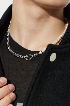 Off-white Imitation Pearl Necklace, Mens, Silver