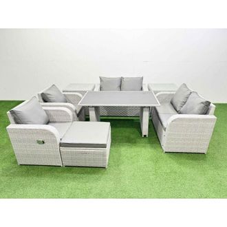 Fimous 8 Pieces Outdoor pe Rattan Sofa Reclining Chair Set Patio Garden Furniture Sets with Cushions 2 Side Tables Big Stool Light Grey - Fimous