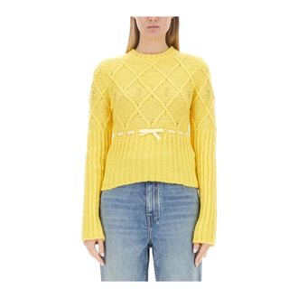 Cormio Gebreide trui met diamantpatroon en strikdetail - Dames - Ronde hals truien - Geel - 2XS - Truien & Vesten