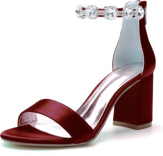 Generic Wedding Shoes Bridal Block Heel Wedding Sandals Open Toe Bridal Heels Satin Prom Party Dress Pumps 8Cm,Wine red,10 UK
