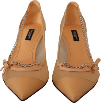 Dolce & Gabbana Womens Mesh Leather With Chain Detail Heel Beige