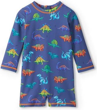 Hatley Dino Party Long Sleeve One-Piece Rashguard Swimsuit in Blue at Nordstrom, Size 18-24M