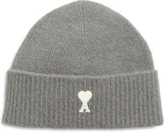 Ami Ami de Coeur Appliqué Mohair Blend Cuffed Beanie in Gris/Ecru at Nordstrom