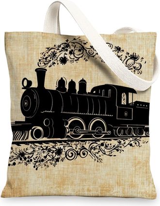 Generic Winter Christmas Steam Train Canvas Tote Bag for Shopping 13x15, Vintage Aesthetic Industry Xmas Reusable Grocery Print Pattern Bag for Women Men, Hol