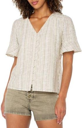 Liverpool L.A. Stripe Eyelet Short Sleeve Button-Up Shirt in Green/tan Stripe at Nordstrom Rack, Size X-Small