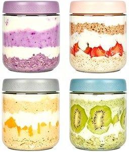 OEM Tarros Herm&eacute;ticos (juego De 4), Tarros Con Tapa Herm&eacute;tica, Yogur, Ensaladas, Mermelada Y Pud&iacute;n (480 Ml, Morado + Rosa + Gris + Azul)