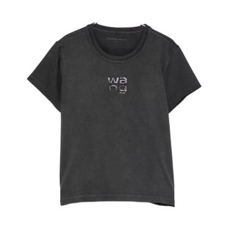 Alexander Wang Tops, Dames, Zwart, S, Katoen, Crystal Hotfix Logo Jersey Shrunken