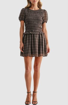 All in Favor Puff Sleeve Smocked Minidress in Brown Plaid at Nordstrom, Size X-Small