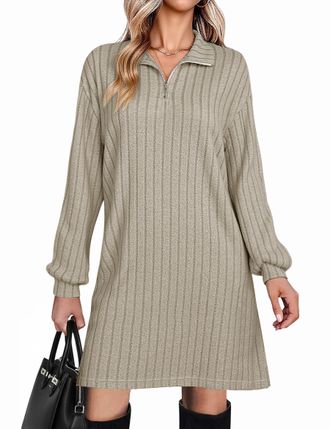 Fengbay Jumper Dress for Women UK Ladies Casual Long Sleeve Ribbed Knitted Lightweight Sweater Dresses for Autumn Winter Khaki