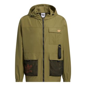 adidas Mens adidas original Logo Printing Pattern Zipper Hooded Jacket Military Green HS1909