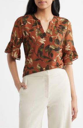 Anne Klein Leaf Print Ruffle Sleeve Shirt in Cedar Spc Mlt at Nordstrom, Size X-Large P