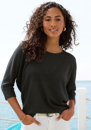 Vivance Langarmshirt VIVANCE mit modischer Waffelstruktur, Damen, Gr. 32/34, creme, schwarz, Strick, Obermaterial: 64% Polyester, 34% Viskose, 2% Elasthan, le