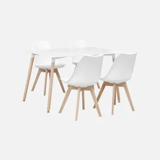 Sweeek Sweeek - Mesa De Comedor Escandinava Con Patas De Madera Y 4 Sillas, Hedvig, Blanco, 120x80x75 Cm