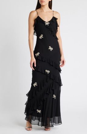 LoveShackFancy Rialto Bow Embellished Ruffle Silk Dress in Black at Nordstrom, Size 4