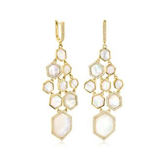 Ross-Simons Mother-Of-Pearl and White Topaz Chandelier Earrings in 18kt Gold Over Sterling
