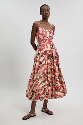 Karen Millen Womens Cotton Linen Printed 3D Floral Bubble Hem Midi Dress - Multicolour - Size 16 UK