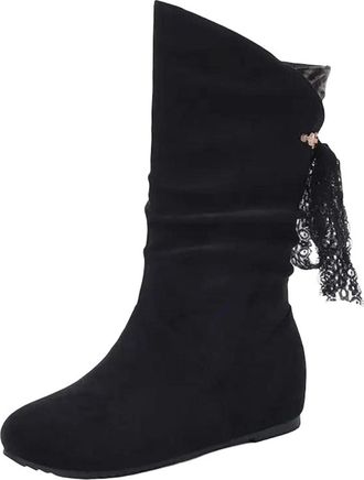 Generic Womens Mid Calf Dress Boots Round Toe Hidden Wedge Heel Slip On Design With Pleated Upper And Decorative Ribbon