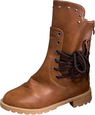 Generic Fashion Womens Mid Calf Boots Solid Autumn Thick Sole Square Heels Lace Up Round Toe(Brown, 4.5)
