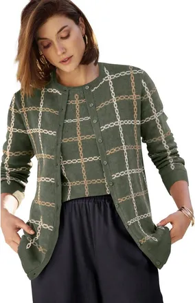Jessica London Fine Gauge Button Front Cardigan in Olive Green Chain Plaid at Nordstrom, Size 32