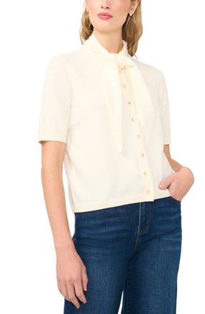 CeCe by Cynthia Steffe Tie Neck Short Sleeve Cardigan in Buttercream at Nordstrom, Size X-Large