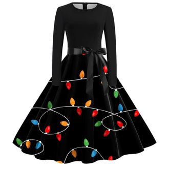 Generic Christmas Dress Womens Round Neck Long Sleeve Dresses Xmas Santa Reindeer Snowflake Christmas Tree Printed A Line Dresses for Holiday Party (Black-3, 