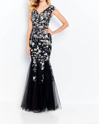 Cameron Blake Tulle Trumpet Dress In Black Multi