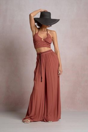Elan Wide Leg Pants With Rope Tie In Dark Cayenne