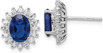 Diamond2Deal Sterling Silver Rhodium-plated Lab Created Dark Blue Spinel and White CZ Oval Halo Stud Earrings
