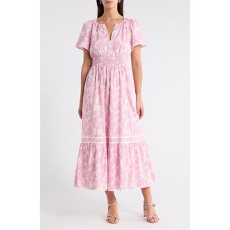 Sugarlips Punta Alta Ordy Smocked Midi Dress in Pink-Cream at Nordstrom, Size X-Large